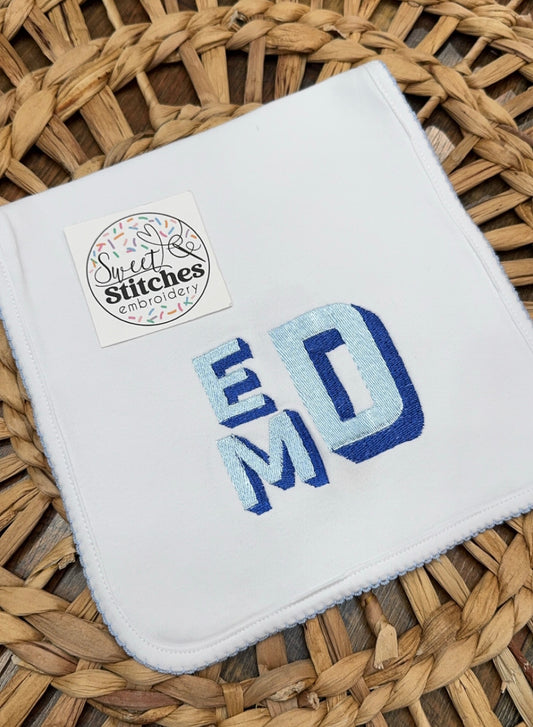 White burp cloth with baby blue picot trim